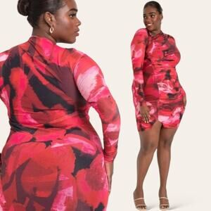 ELOQUII Abstract Ruched Mesh Mini Dress Stretch Knit Cocktail Red Pink Sexy 14